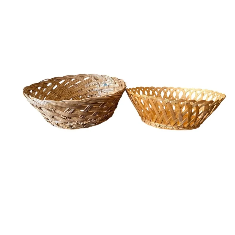 Vintage Round Woven Wicker Bread Basket Lot Of 2 Vintage Decor & Storage Cottage